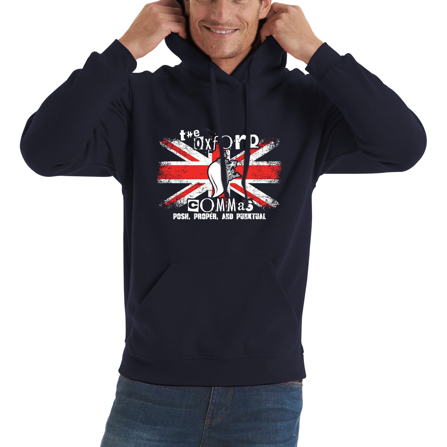 The Oxford Commas Push, Proper and Punktual Funny Grammar UK Flag Unisex Hoodie