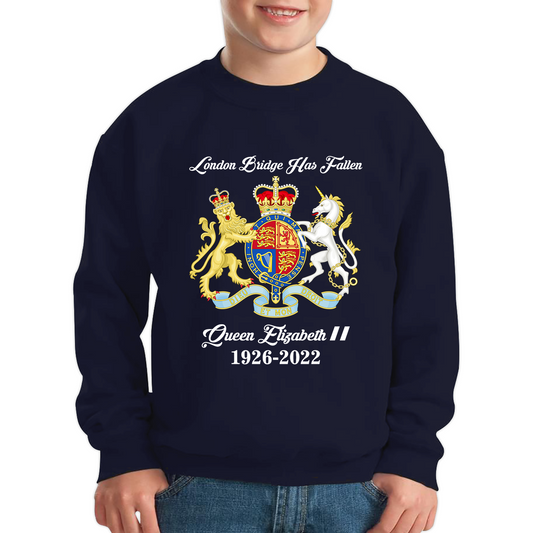 London Bridge Has Fallen Queen Elizabeth II Union Jack Queen's Crown Kids Jumper