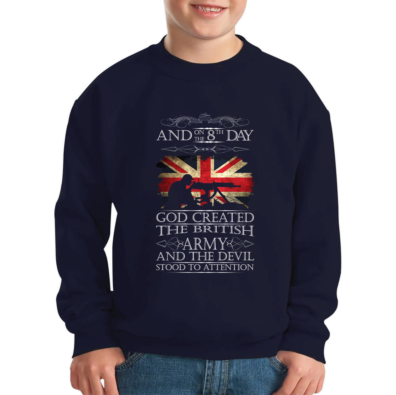 God Created The British Army And The Devil Stood To Attention Lest We Forget Remembrance Day Kids Jumper