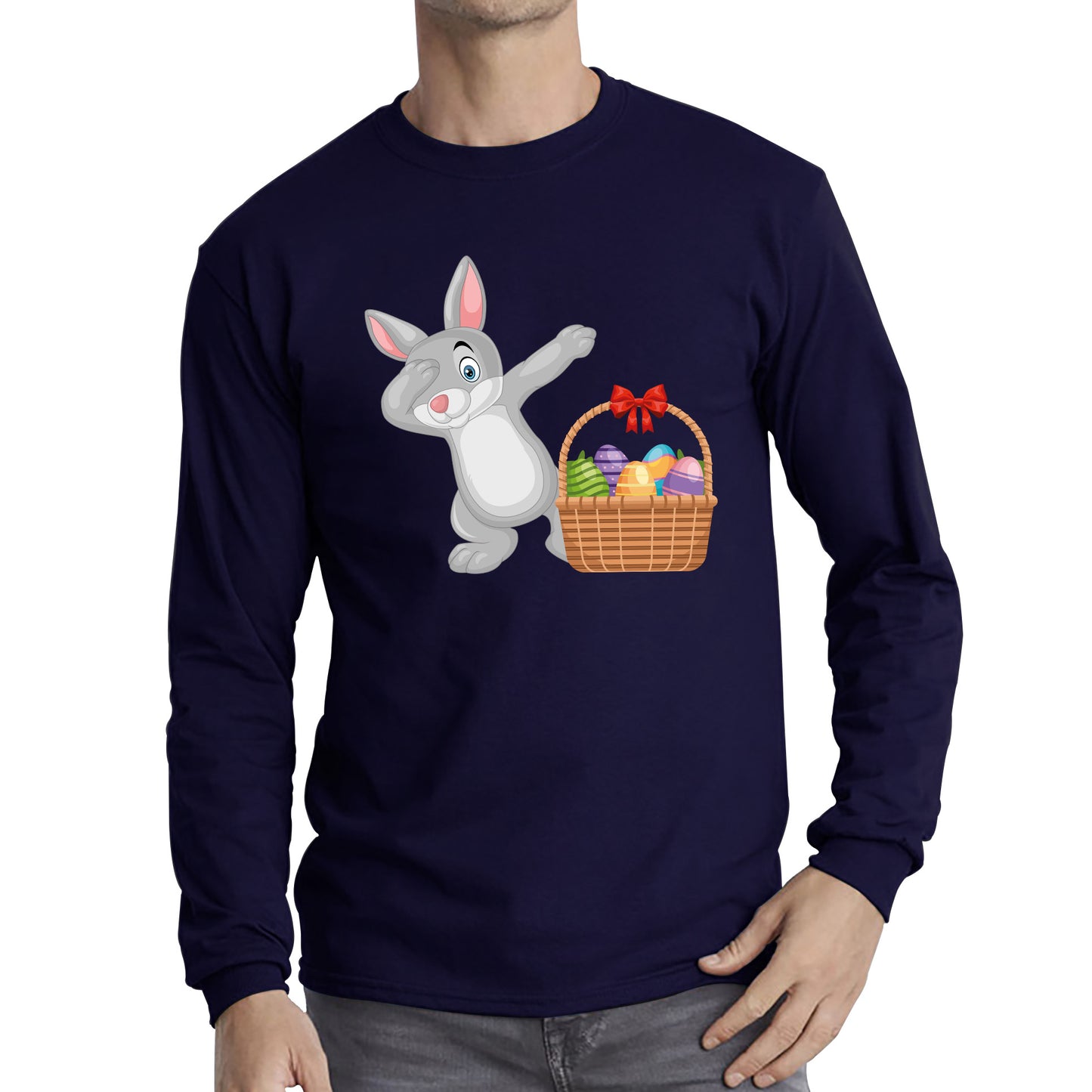 Dabbing Bunny With Eggs Basket Happy Easter Day Cute Rabbit Bunny Easter Day Long Sleeve T Shirt