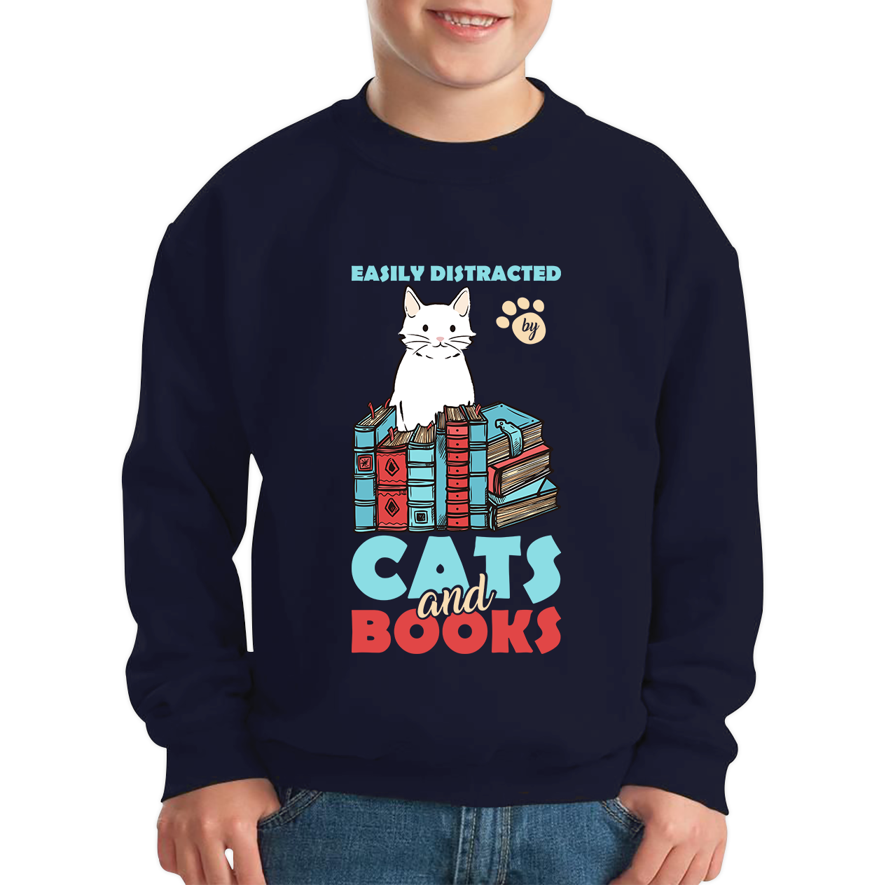 Easily Distracted By Cats And Books Funny Cat Book Reading Quote Kids Jumper