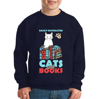 Easily Distracted By Cats And Books Funny Cat Book Reading Quote Kids Jumper