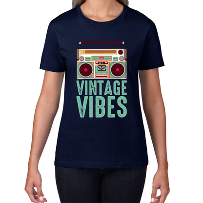 Boombox Vintage Vibes Old School Music Retro Cassette Tape Player Womens Tee Top