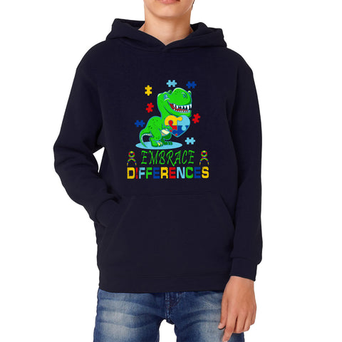 Embrace Differences T-Rex Dinosaur Puzzle Autism Awareness Dino Disability Autism Support Kids Hoodie