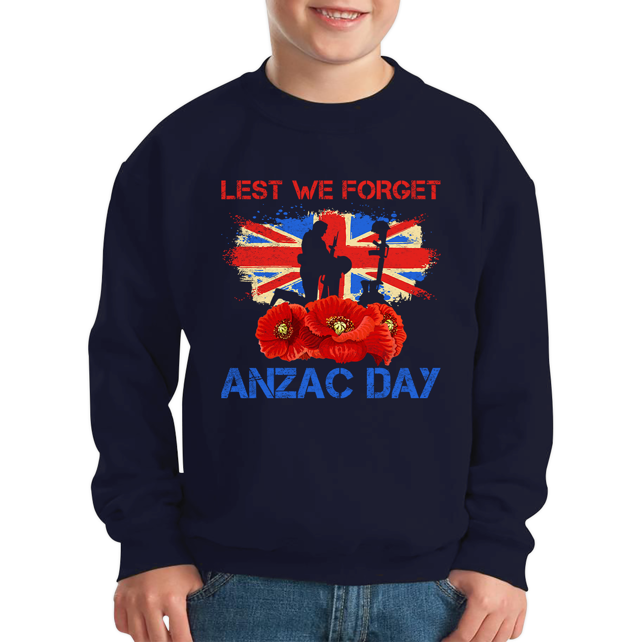Poppy Lest We Forget Anzac Day Remembrance Day Kneeling Soldier World War I Kids Jumper
