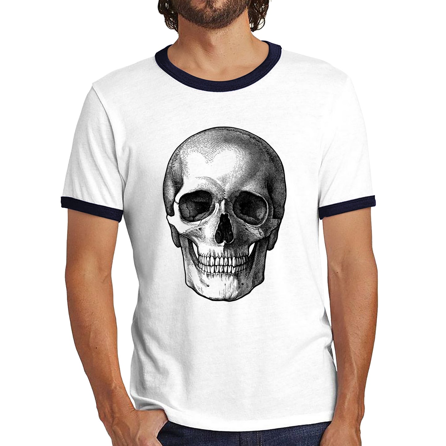 Skull Face Bikers Racers Novelty Design Spooky Funny Ringer T Shirt