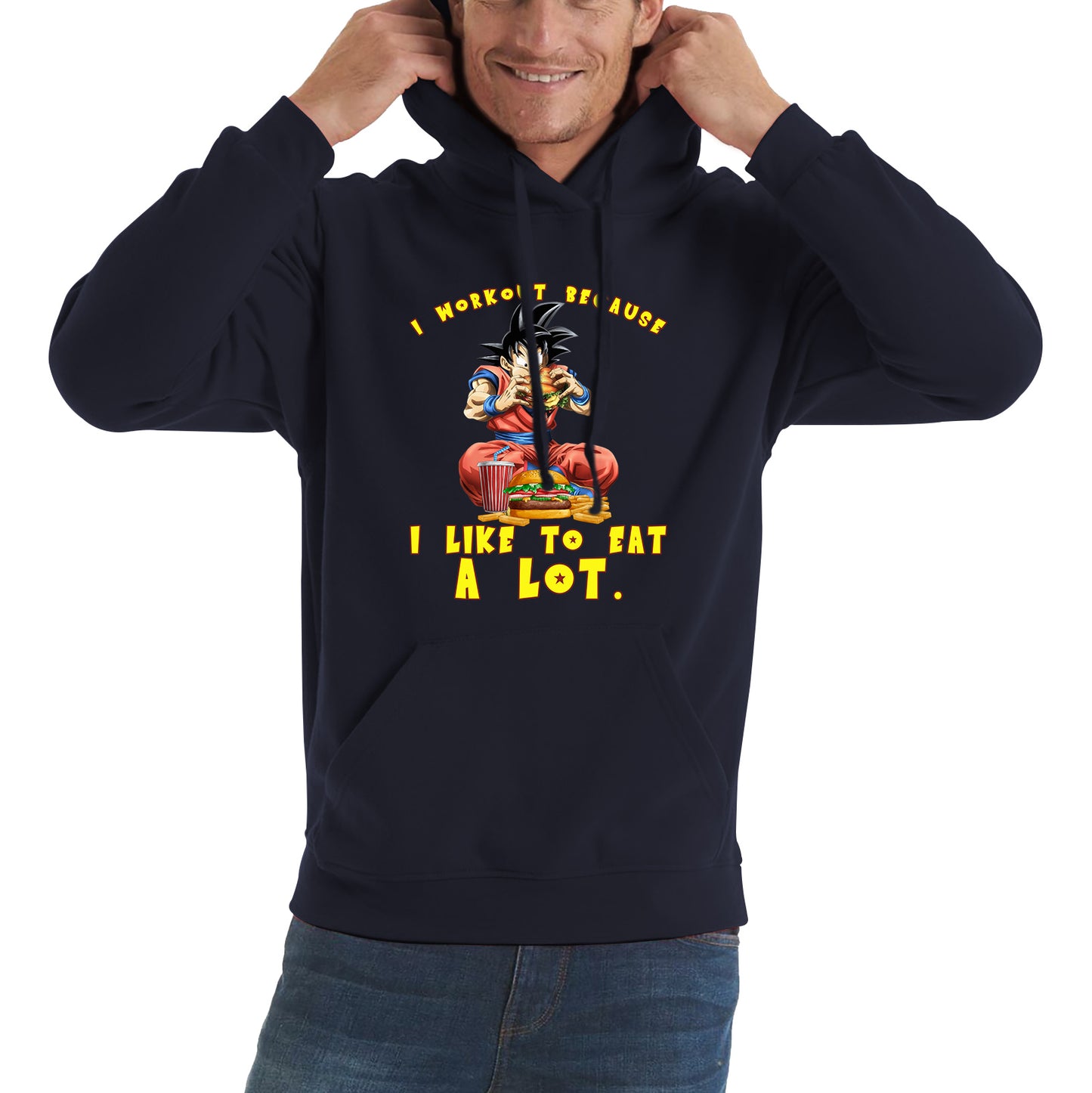 I Workout Because I Like To Eat A Lot Goku Eating A Hamburger Dragon Ball Anime Gym Bodybuilding Workout Unisex Hoodie