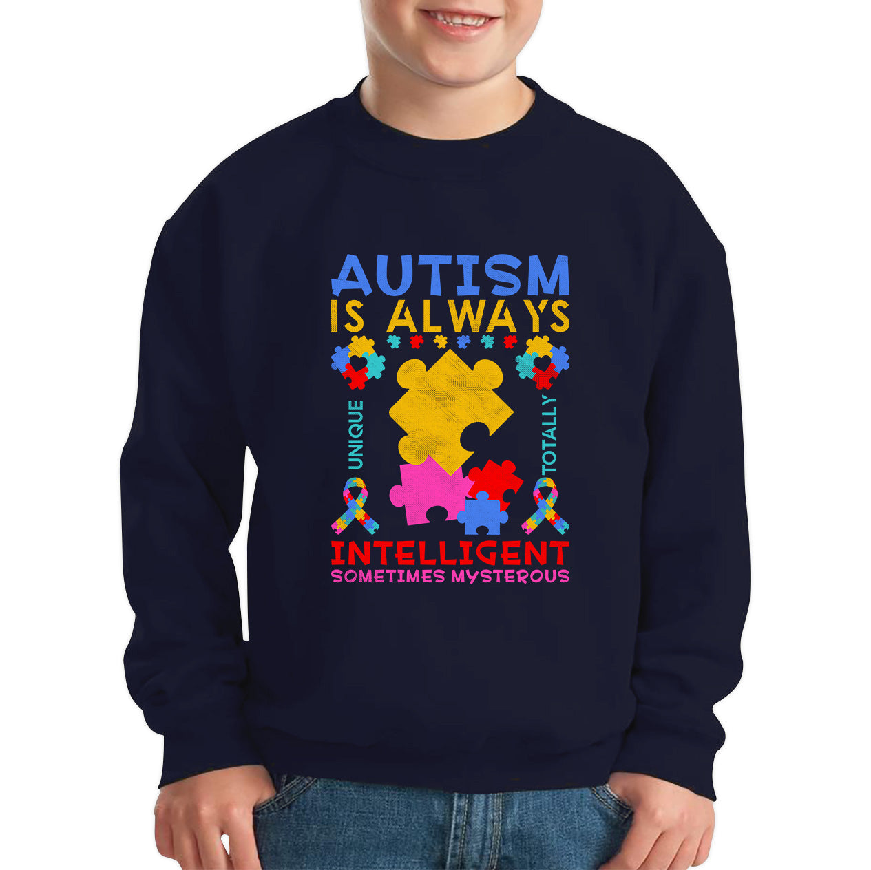 Autism Is Always Unique Totally Intelligent Something Mysterious Autism Awareness Puzzle Kids Jumper