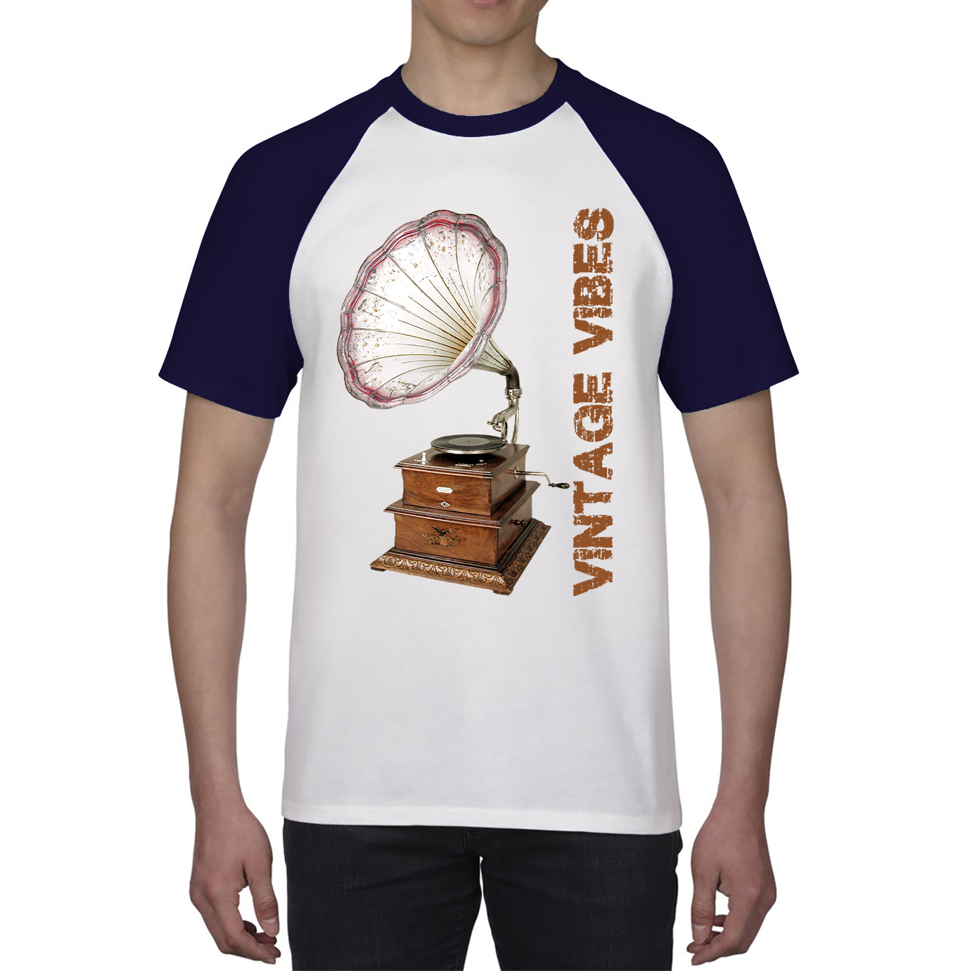 Gramophone Vintage Vibes Record Player Antique Trumpet Horn Turntable Phonograph Music Equipment Retro Baseball T Shirt