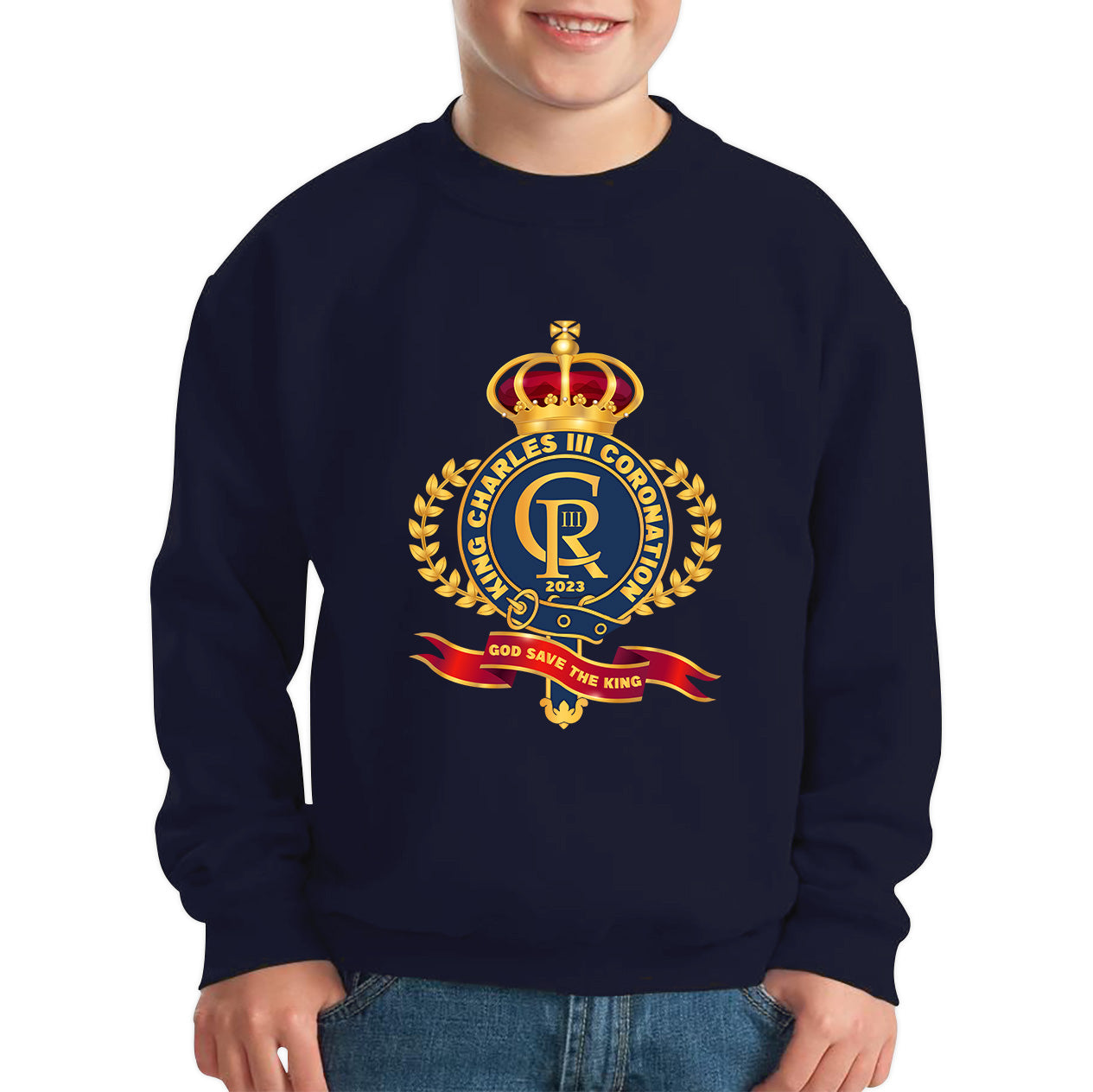 King Charles III Coronation 2023 CR III God Save The King Royal Crown United Kingdom Ruling Monarch Kids Jumper