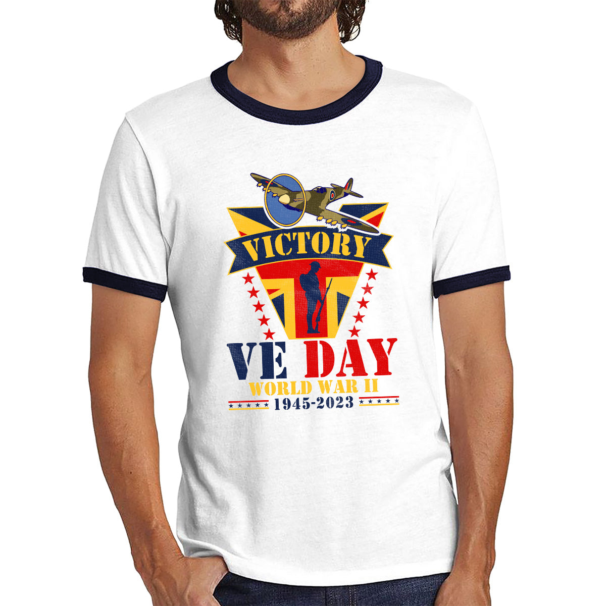 VE Day Victory In Europe End Of World War II 1945-2023 Anniversary Remembrance Day Soldier Spitfire British Fighter Aircraft UK Flag Ringer T Shirt