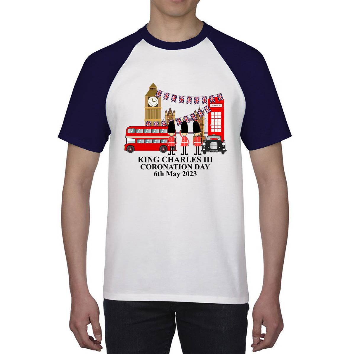 King Charles III Coronation Day 6th May 2023 Great Britain Big Ben Tower Telephone Booth And Red Bus London England Flag Baseball T Shirt