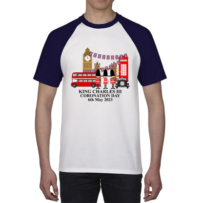 King Charles III Coronation Day 6th May 2023 Great Britain Big Ben Tower Telephone Booth And Red Bus London England Flag Baseball T Shirt