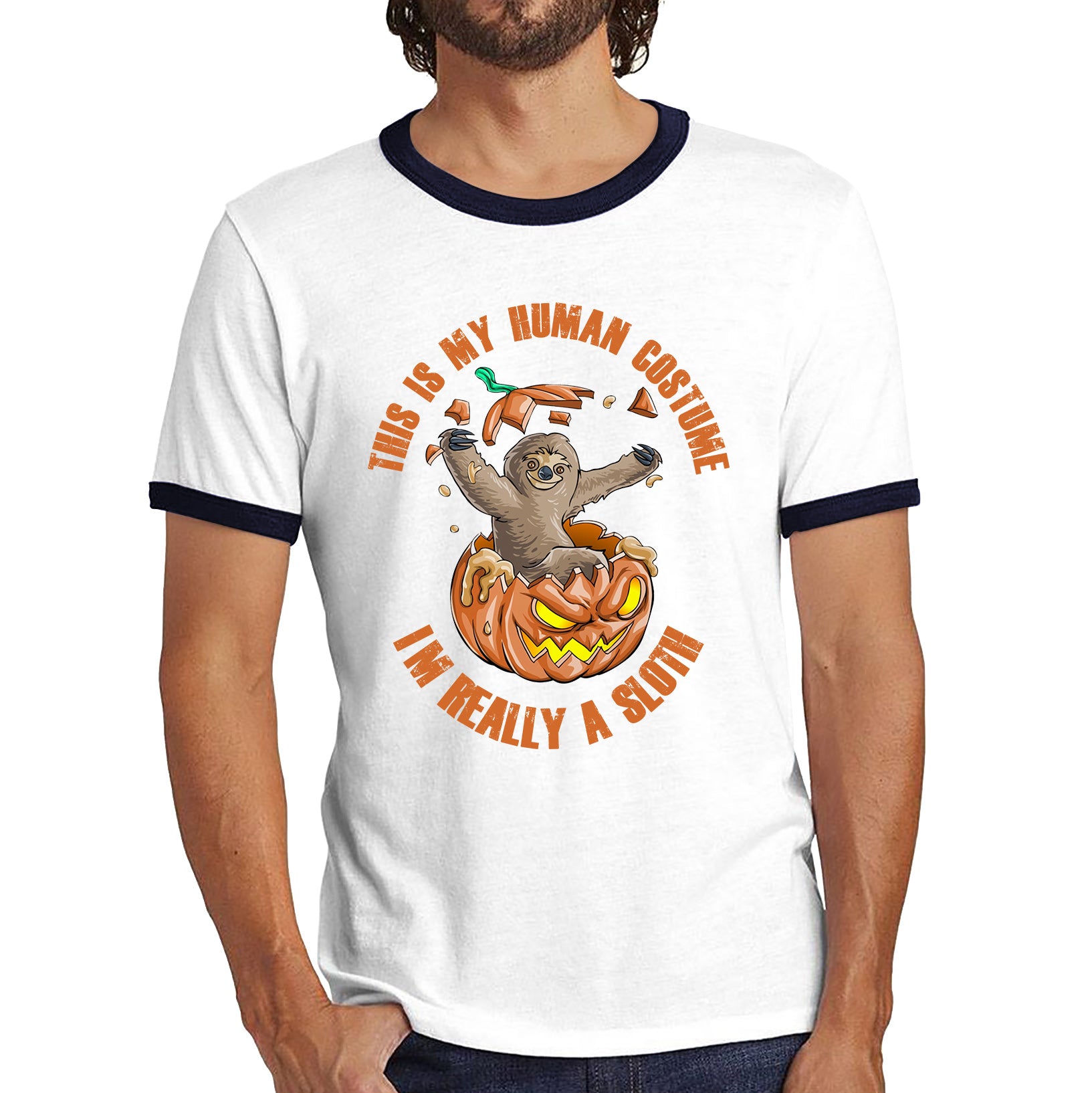 This Is My Human Costume I'm Really A Sloth Halloween Pumpkin Horror And Scary Pumpkin Face Ringer T Shirt
