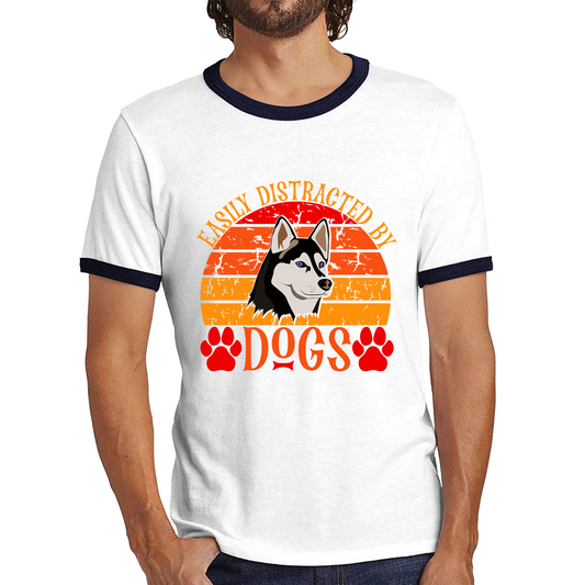 Easily Distracted By Dogs Vintage Retro Siberian Husky Dog Lovers Ringer T Shirt