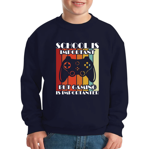 School Is Important But Gaming Is Importanter Vintage Gaming Controller Funny Gamer Kids Jumper