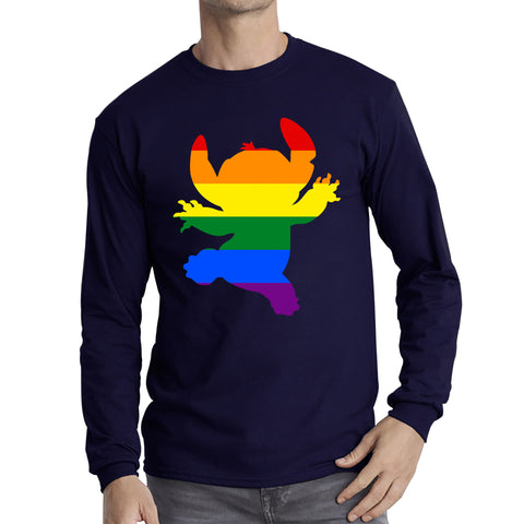 Disney Ohana Stitch Pride LGBT Lilo & Stitch Comedy Cartoon Pride Month LGBTQ+ Rainbow Colours Long Sleeve T Shirt