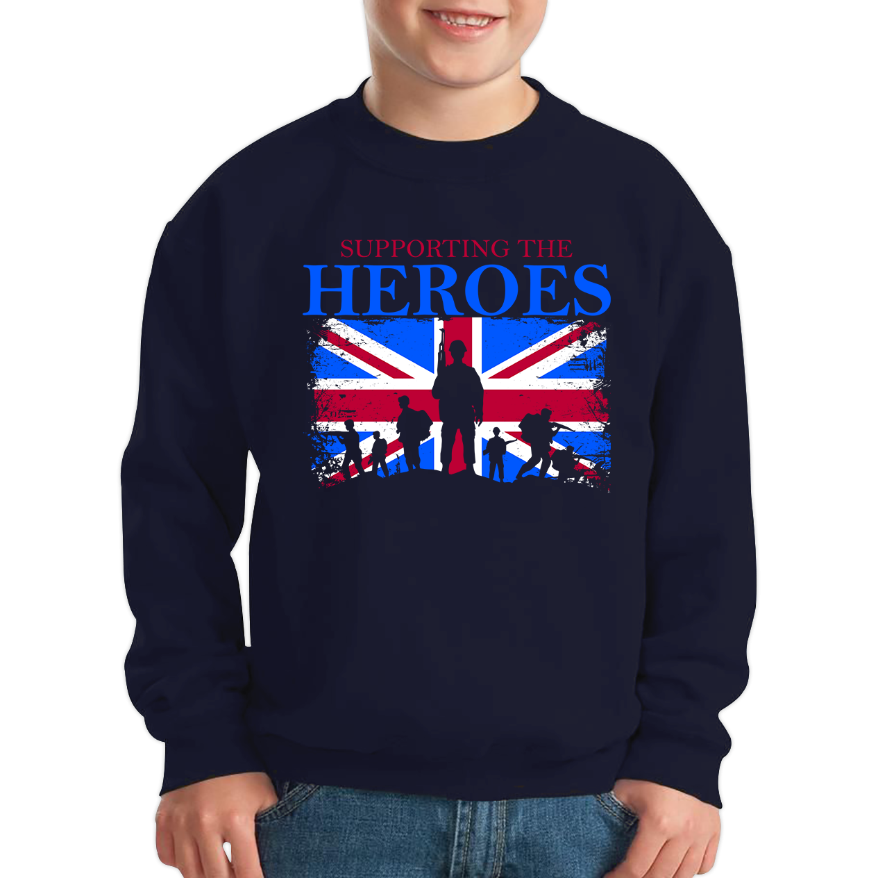 Remembrance Day Jumper Supporting The Heroes UK Flag British Armed Forces Veteran Kids Sweatshirt