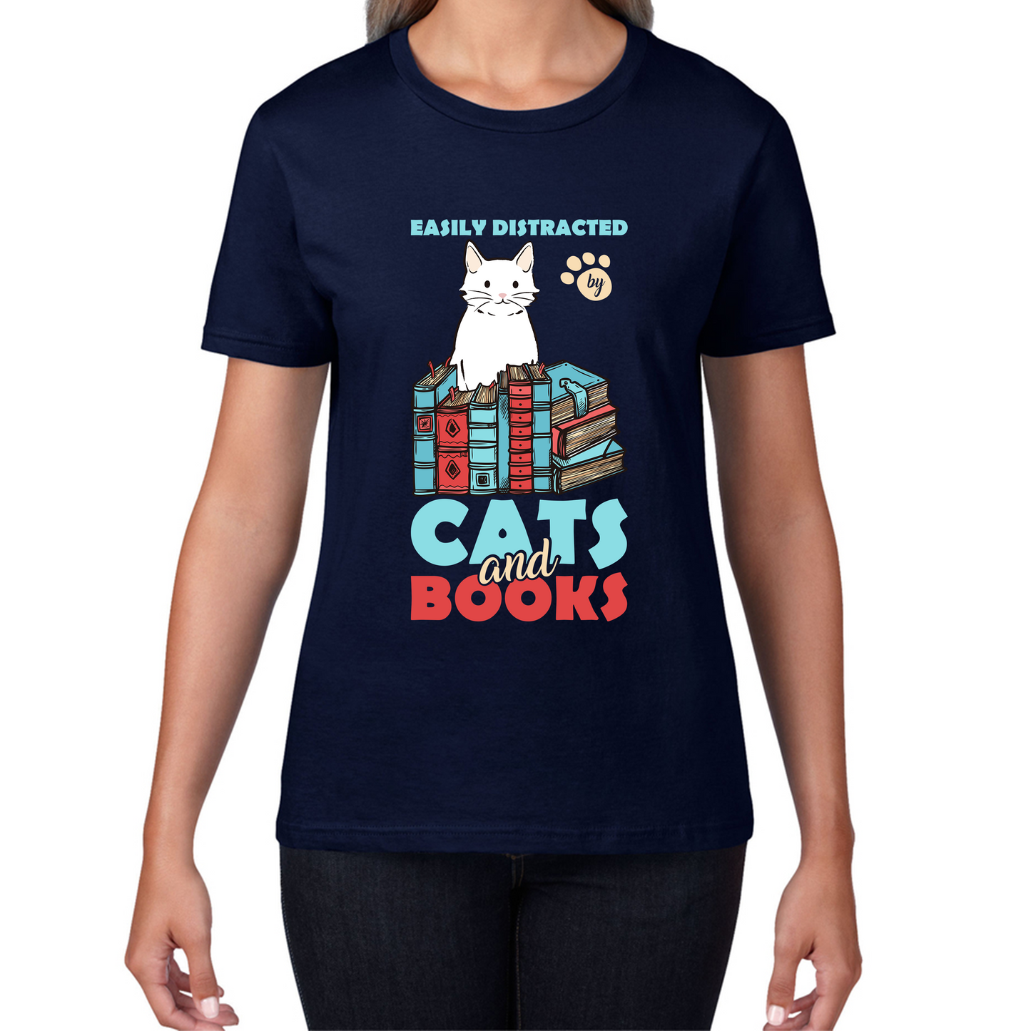 Easily Distracted By Cats And Books Funny Cat Book Reading Quote Womens Tee Top
