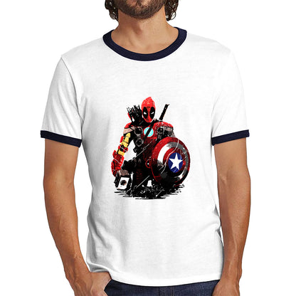 Deadpool With All Marvel Superhero Weapons Captain America, Spired-man, Iron Man, Deadpool, Thor, And Hawkeye Ringer T Shirt