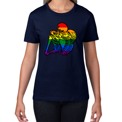 Kissing Skeletons Gay Pride LGBT Gay Skull Halloween LGBTQ+ Rainbow Pride Month Womens Tee Top