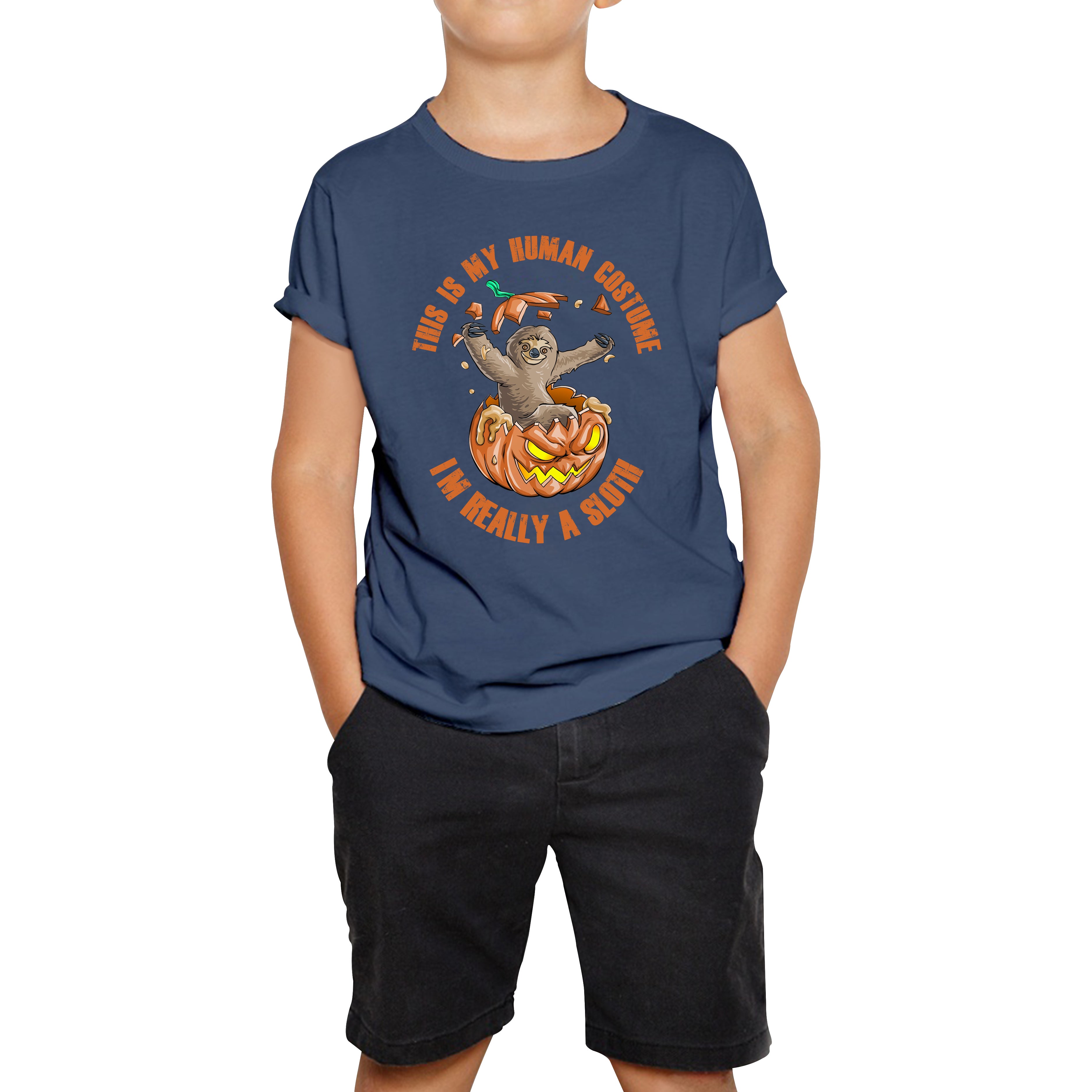This Is My Human Costume I'm Really A Sloth Halloween Pumpkin Horror And Scary Pumpkin Face Kids Tee
