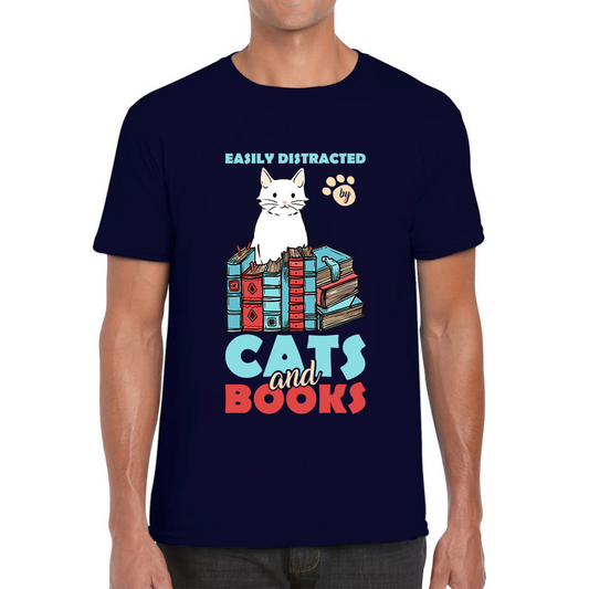 Easily Distracted By Cats And Books Funny Cat Book Reading Quote Mens Tee Top