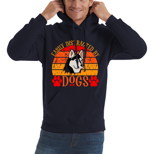 Easily Distracted By Dogs Vintage Retro Siberian Husky Dog Lovers Unisex Hoodie