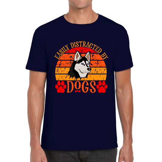 Easily Distracted By Dogs Vintage Retro Siberian Husky Dog Lovers Mens Tee Top