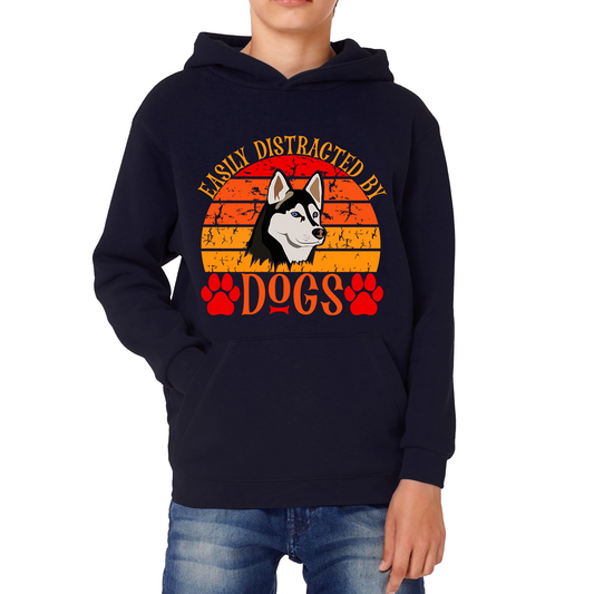 Easily Distracted By Dogs Vintage Retro Siberian Husky Dog Lovers Kids Hoodie