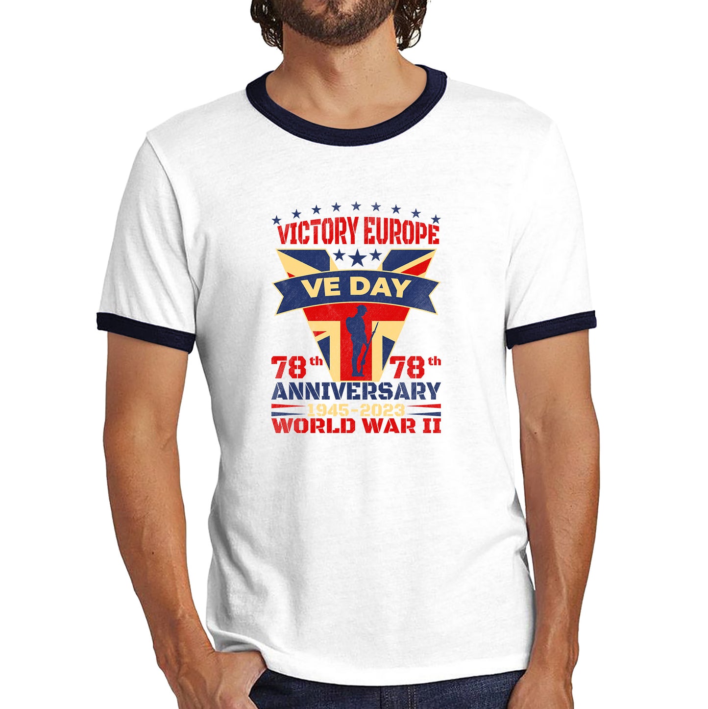 VE Day Victory In Europe Day Lest We Forget 1945-2023 World War II 78th Anniversary Remembrance Day British UK Veterans Ringer T Shirt
