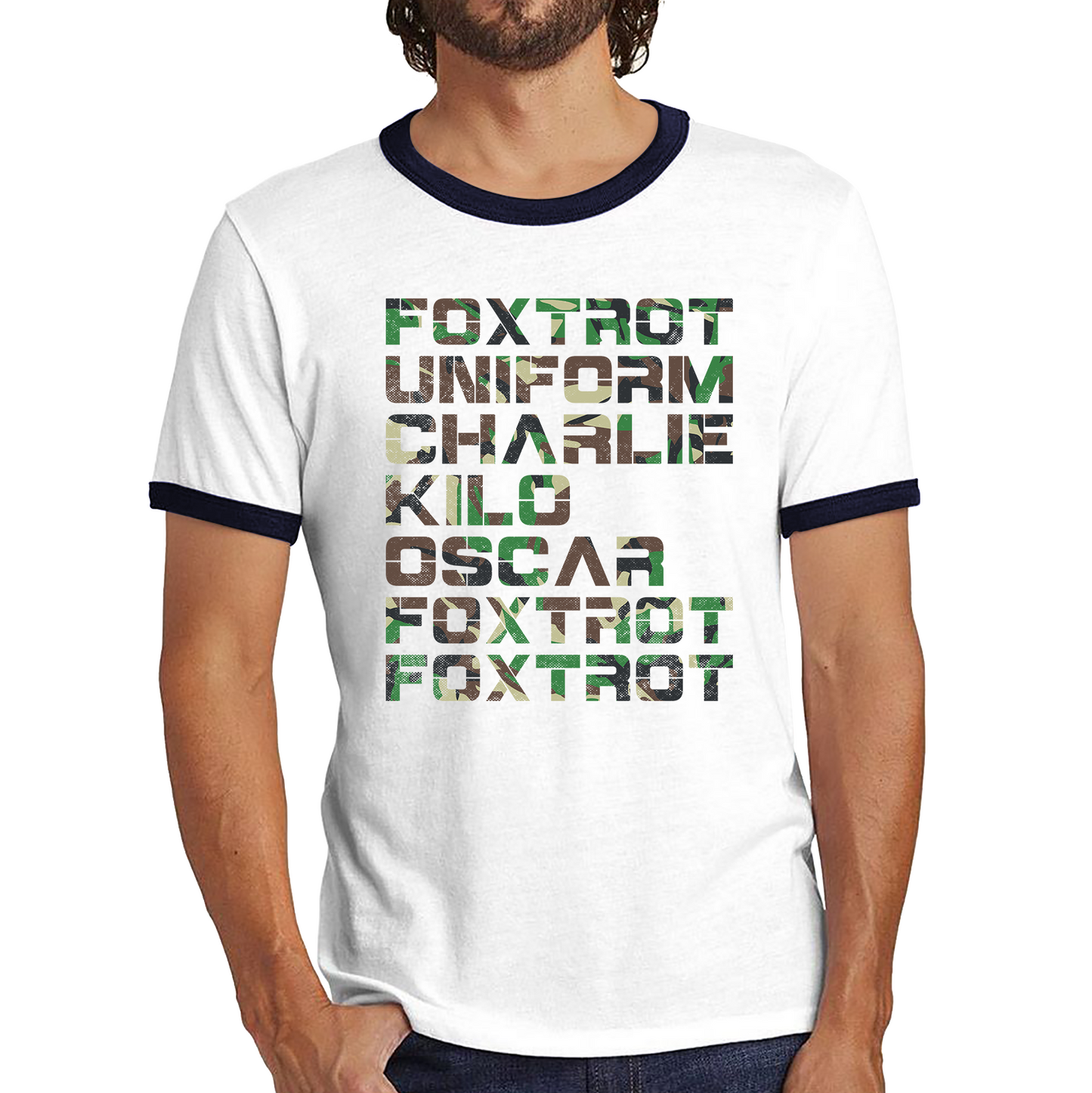 Foxtrot Uniform Charlie Kilo Oscar Foxtrot Camo Fitness Phonetic Alphabet Military Ringer T Shirt