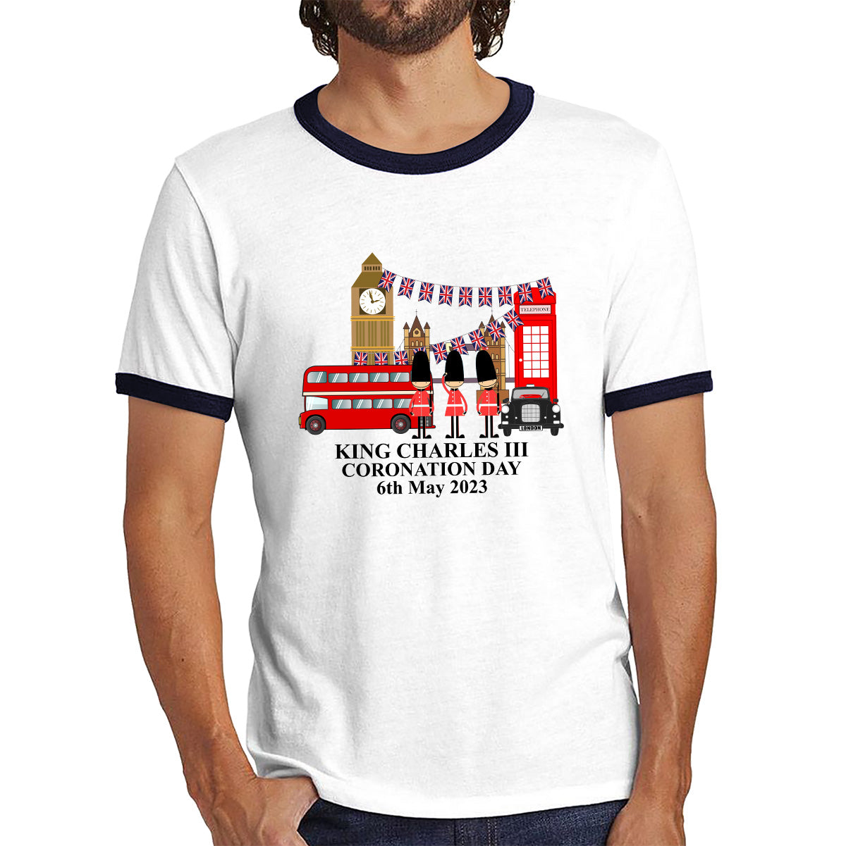 King Charles III Coronation Day 6th May 2023 Great Britain Big Ben Tower Telephone Booth And Red Bus London England Flag Ringer T Shirt