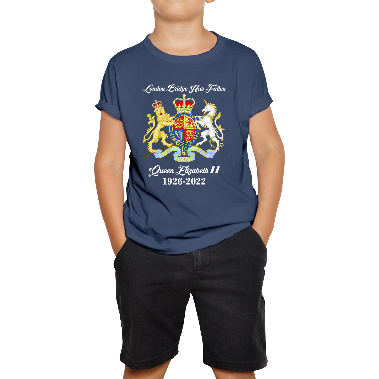 London Bridge Has Fallen Queen Elizabeth II Union Jack Queen's Crown Kids Tee
