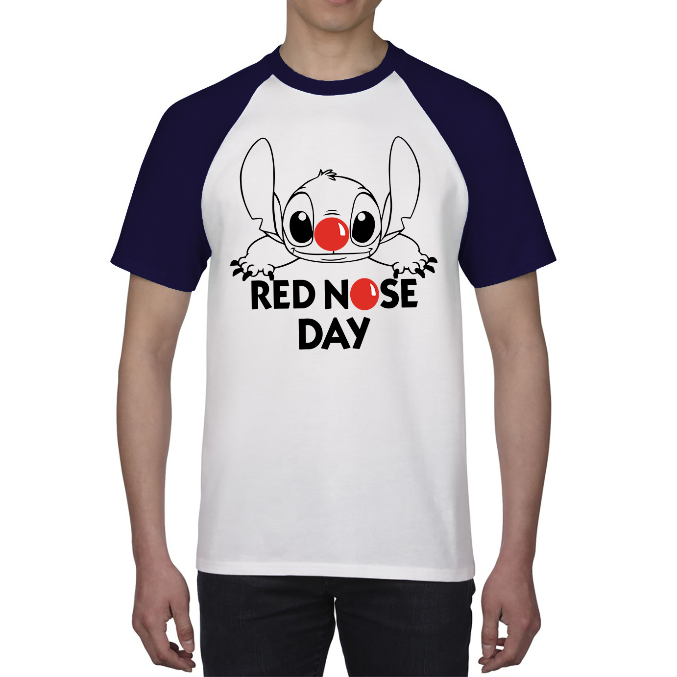 Red Nose Day Funny Ohana Disney Stitch Baseball T Shirt. 50% Goes To Charity