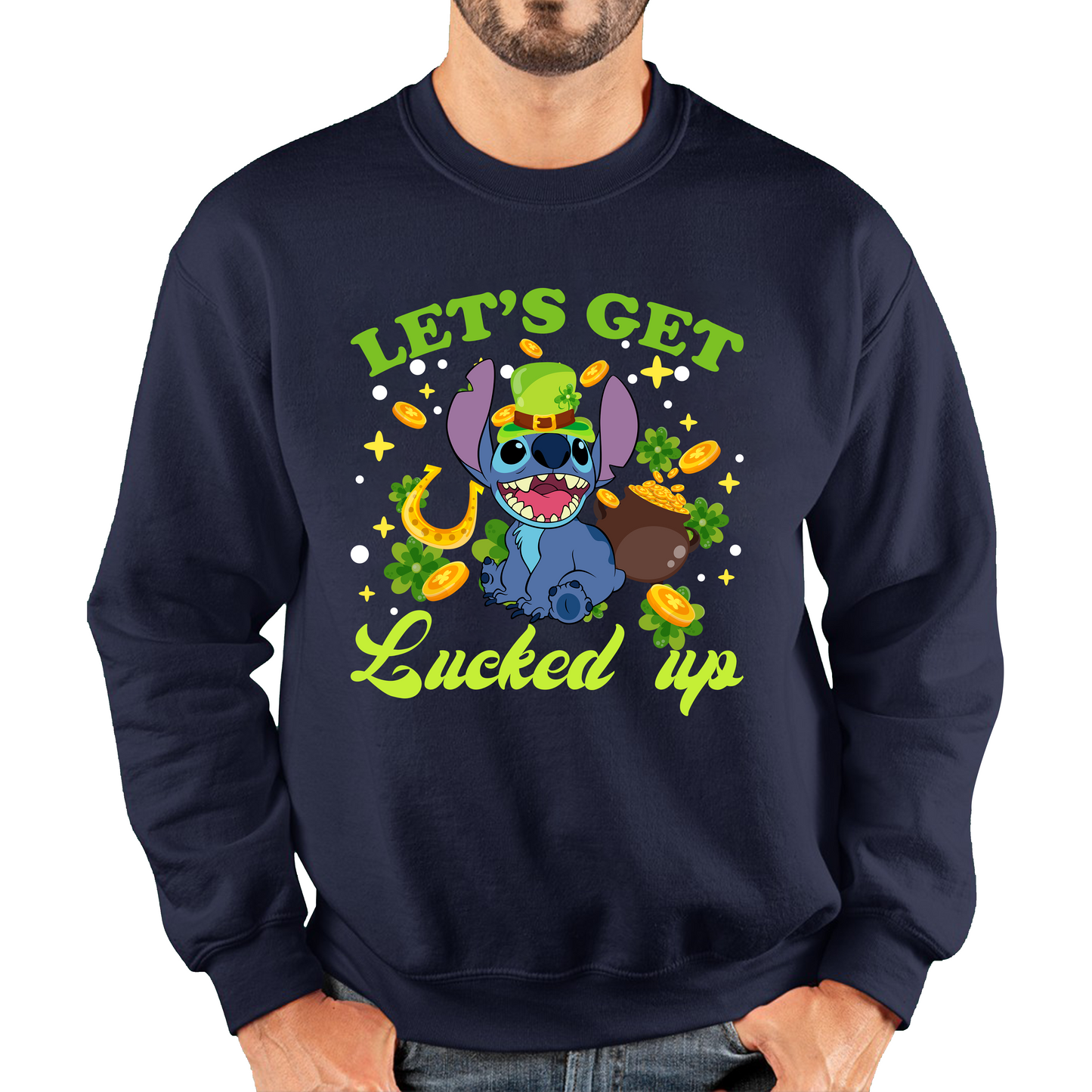 Let's Get Lucked Up Stitch Leprechaun Funny Cartoon St Patrick's Day Irish Festival Unisex Sweatshirt