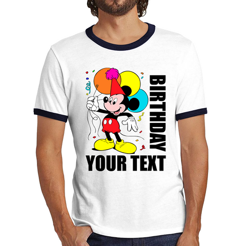 Personalised Disney Mickey Mouse Holding Balloons Birthday Your Text Disneyland Cartoon Ringer T Shirt