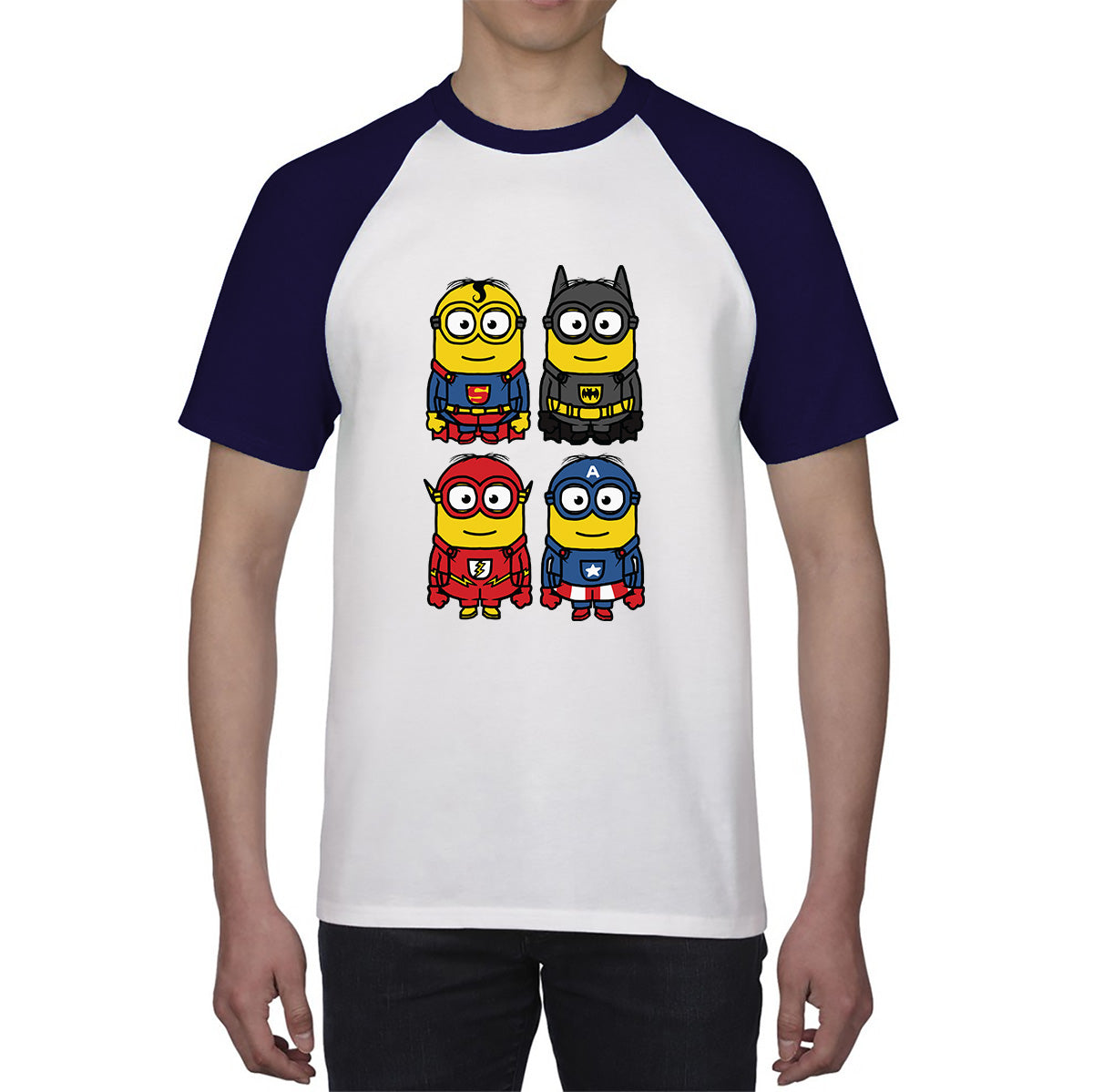 The 4 Minions Heros Super Minions Captain America Batman Superman Riddler The Flash Dc Minions Parody Pop Art Baseball T Shirt