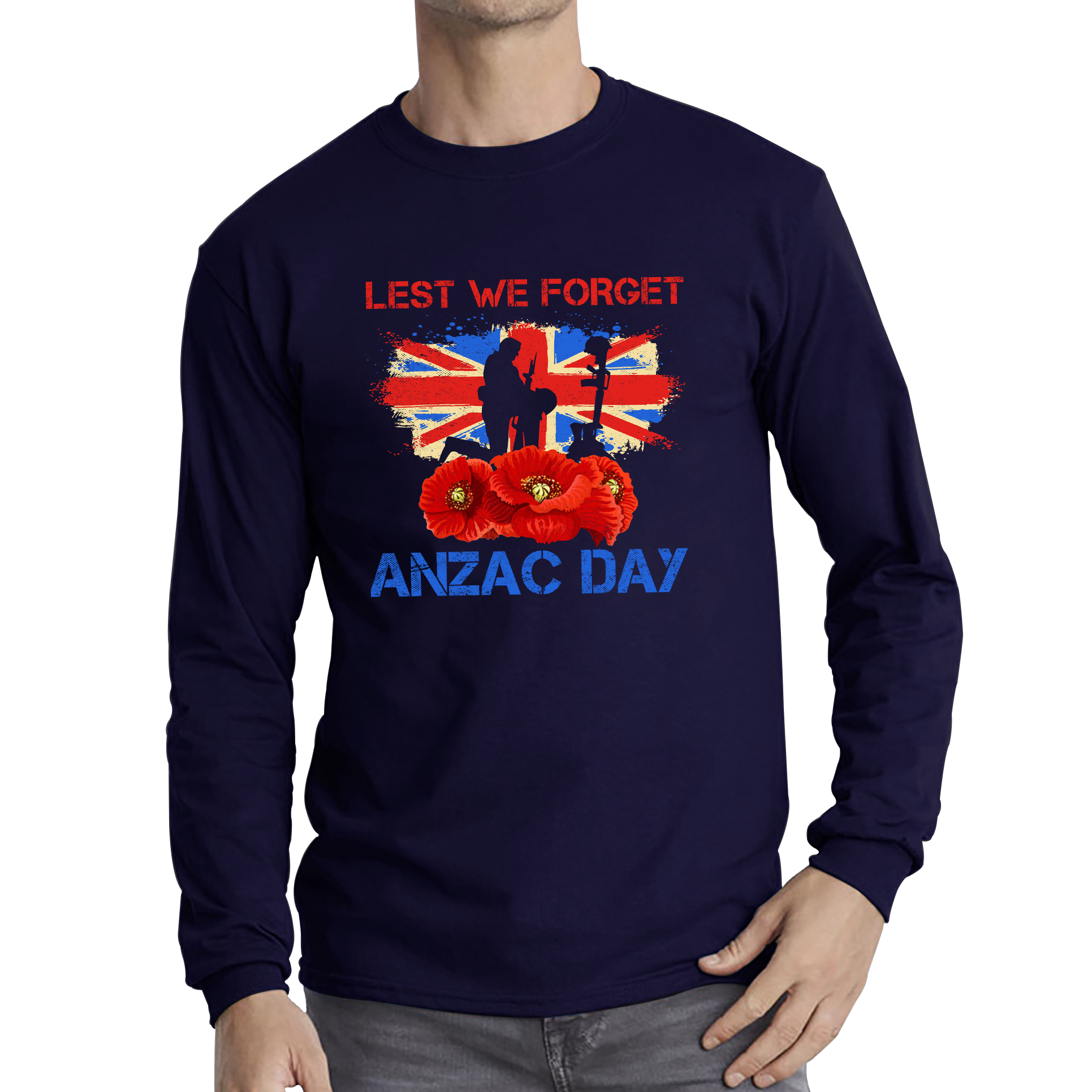Poppy Lest We Forget Anzac Day Remembrance Day Kneeling Soldier World War I Long Sleeve T Shirt