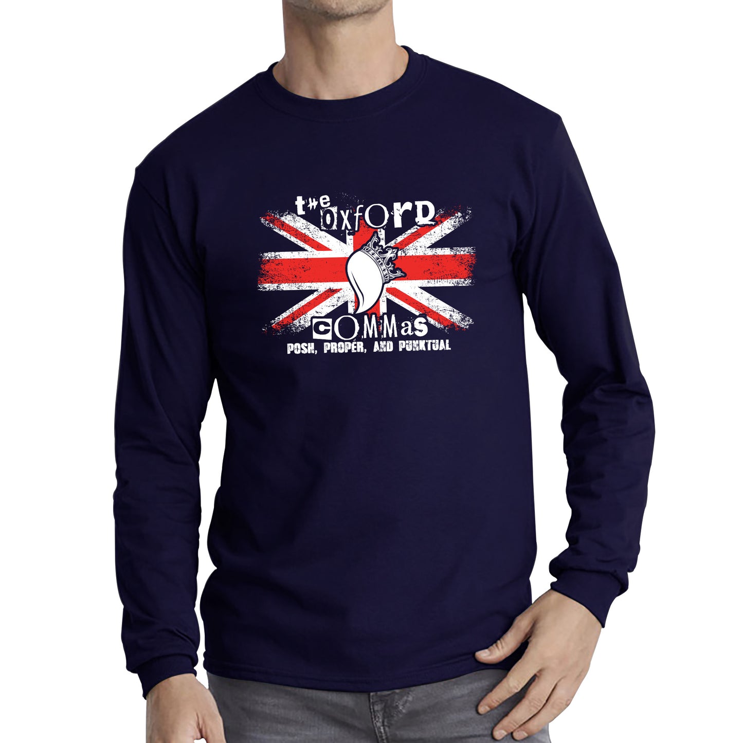 The Oxford Commas Push, Proper and Punktual Funny Grammar UK Flag Long Sleeve T Shirt
