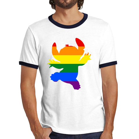 Disney Ohana Stitch Pride LGBT Lilo & Stitch Comedy Cartoon Pride Month LGBTQ+ Rainbow Colours Ringer T Shirt