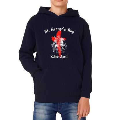 St George's Day 2023 England Flag Cross Knights Templar & Horse London Saint George Day Warrior Fighter Patriotic Kids Hoodie