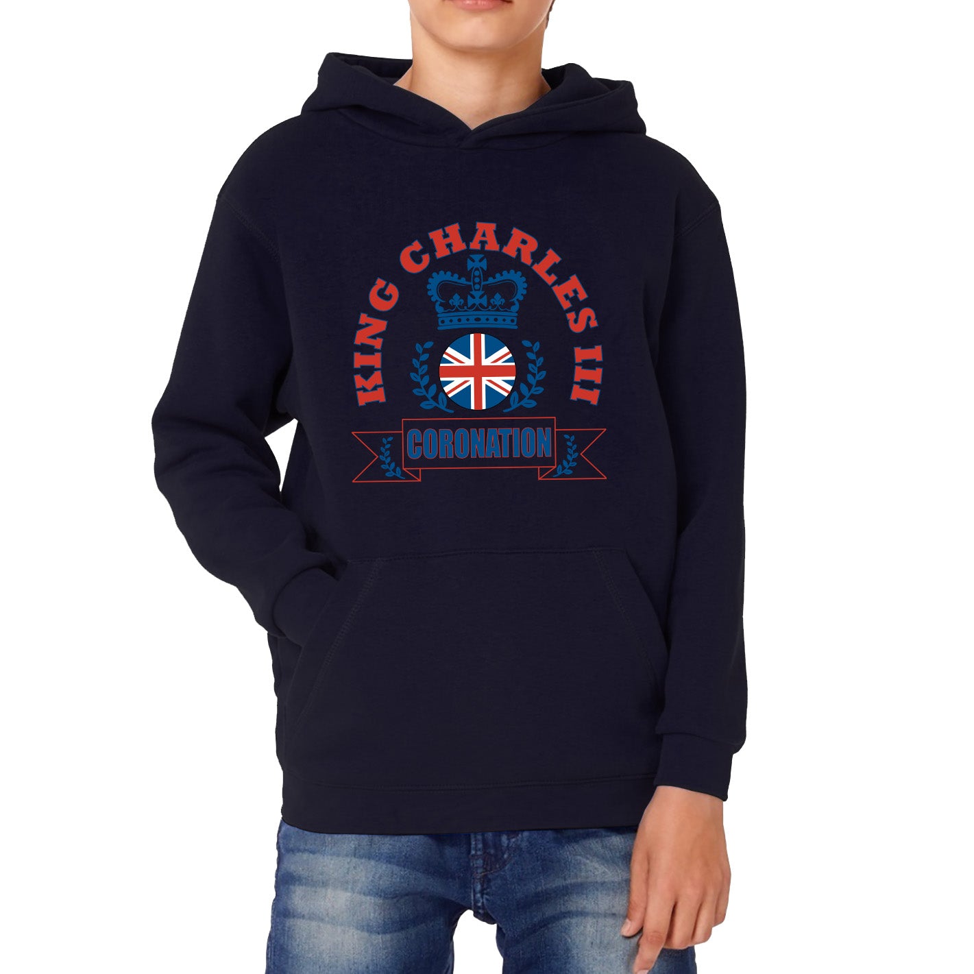 King Charles III 2023 Coronation God Save The King Royal Crown CR III His Majesty Union Jack Uk Flag Kids Hoodie