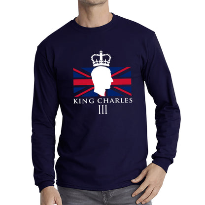 King Charles III Coronation British Flag CR III Royal Crown His Majesty Union Jack Great Britain Long Sleeve T Shirt
