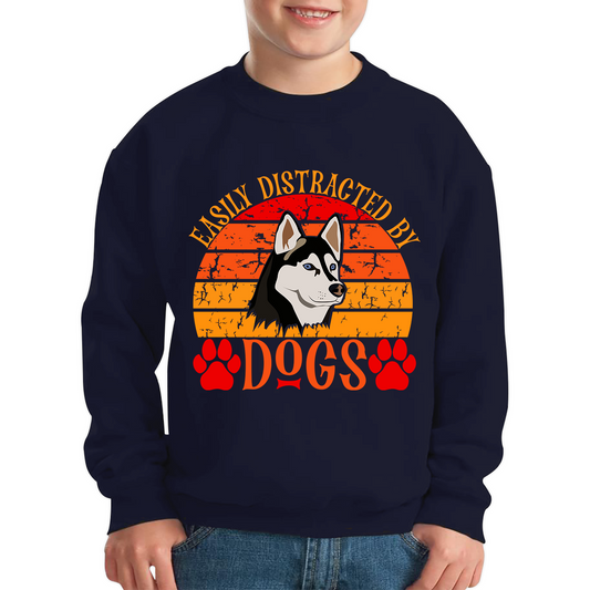 Easily Distracted By Dogs Vintage Retro Siberian Husky Dog Lovers Kids Jumper
