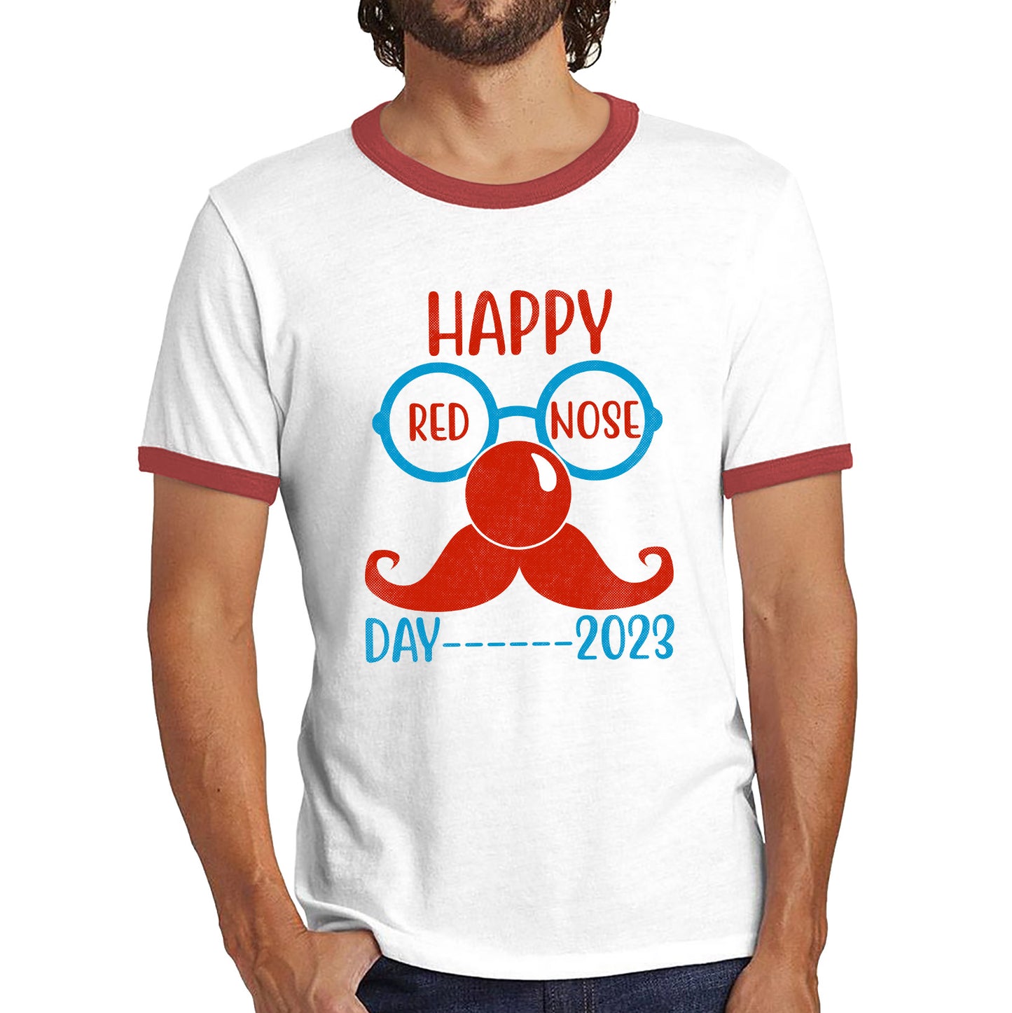 Happy Red Nose Day 2023 Glasses Moustache Child Poverty Awareness Party Wear Ringer T Shirt