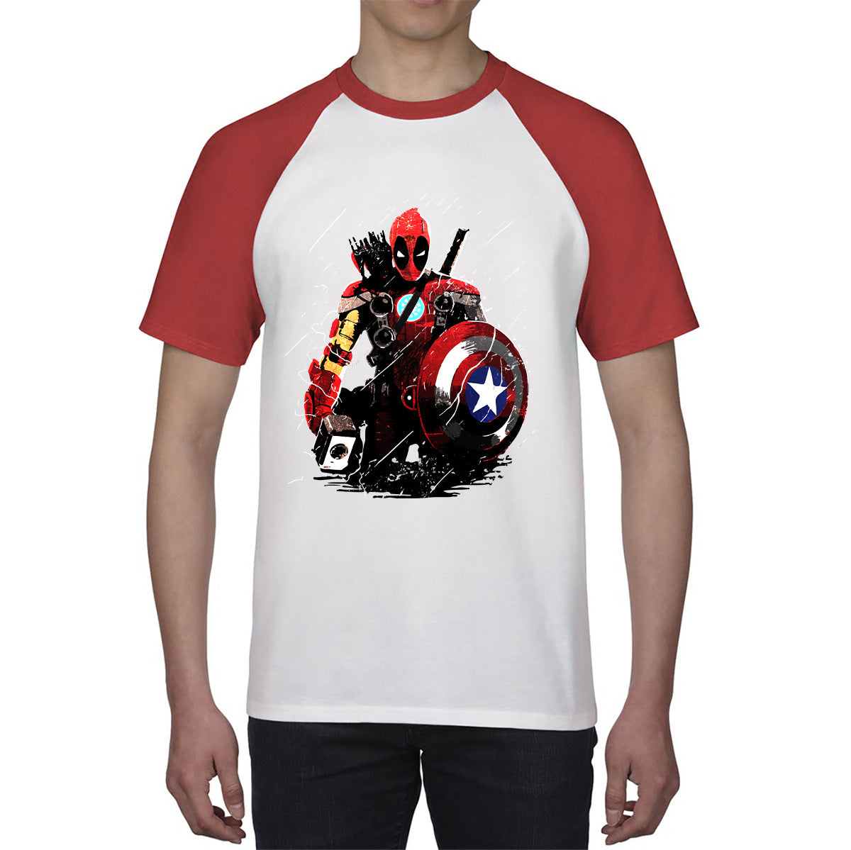 Deadpool With All Marvel Superhero Weapons Captain America, Spired-man, Iron Man, Deadpool, Thor, And Hawkeye Baseball T Shirt