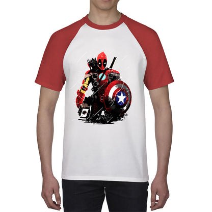 Deadpool With All Marvel Superhero Weapons Captain America, Spired-man, Iron Man, Deadpool, Thor, And Hawkeye Baseball T Shirt