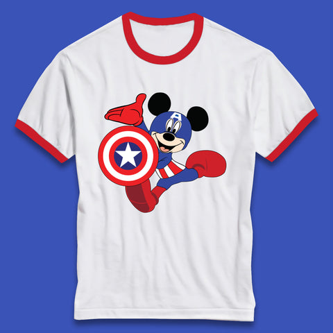 Mickey Mouse Wearing Captain America Costume Disney Marvel Avengers Superhero Disney World Marvel Disney Avengers Campus Ringer T Shirt