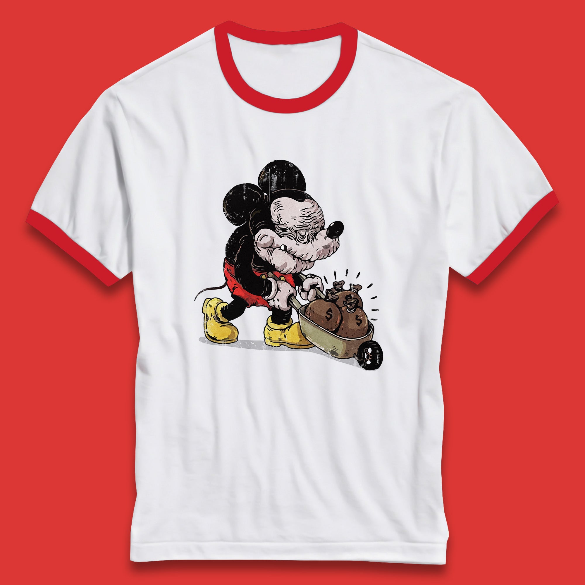 Disney Famous Oldies Mickey Mouse Pull Wheelbarrow Full Of Money Bags Cartoon Character Disney World Ringer T Shirt